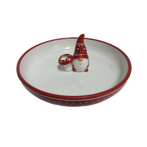 Whimsical Cupboard Gnome Serving Plate with Mushroom Toothpick Holder Red Stars